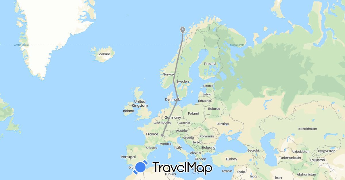 TravelMap itinerary: driving, plane in Switzerland, Denmark, Norway (Europe)